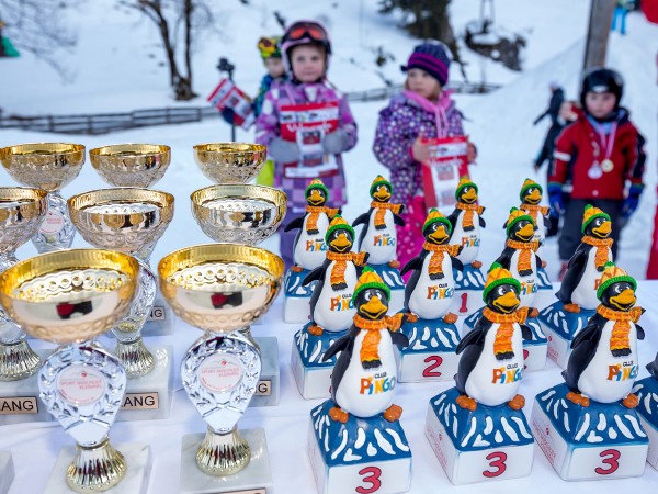 Pokale bei der Siegerehrung in Pingo's Kinderskischule